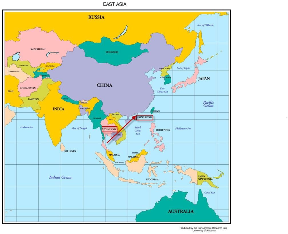 Hong Kong no mapa da ásia