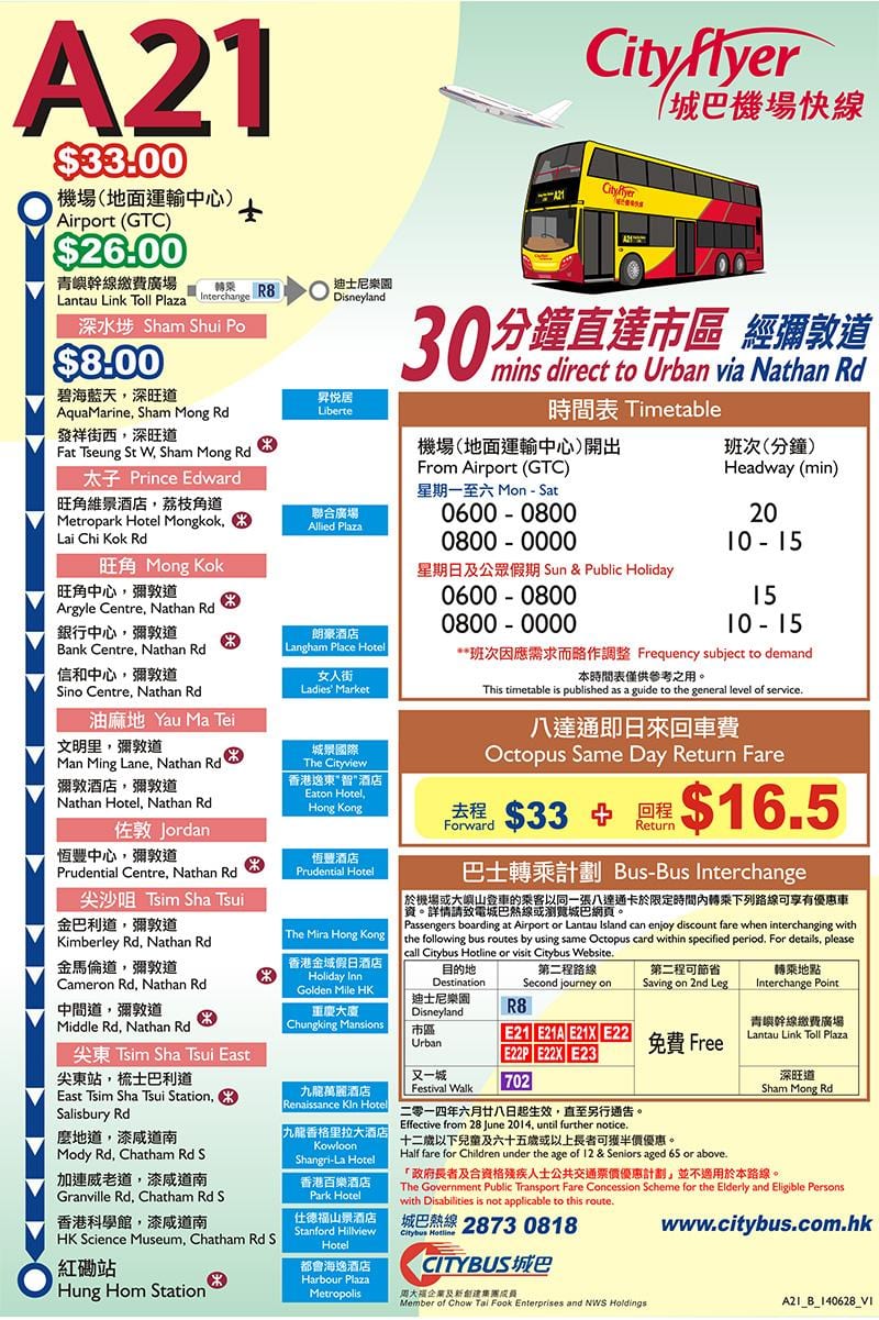 Hong Kong autocarro a21, de / para o mapa de rota